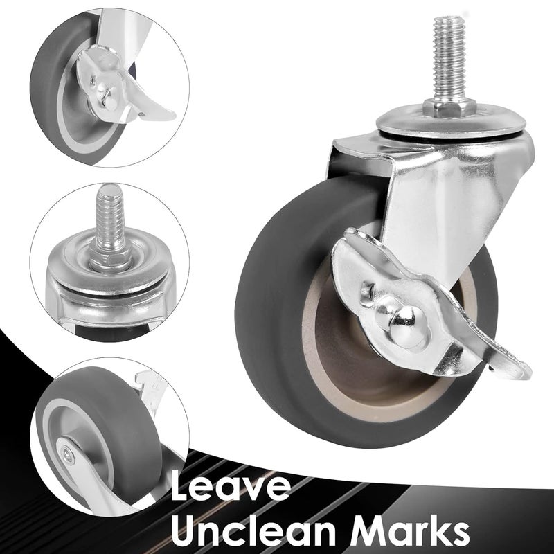 BAISASY 3 Inch Caster Wheels, Threaded Stem Casters Set of 4, Heavy Duty Wheel with Brake, Metric Size M8-1.25-25 (Screw Diameter 8mm, Screw Length 25mm) Casters for Wire Shelving, Furniture Dolly - Image 3